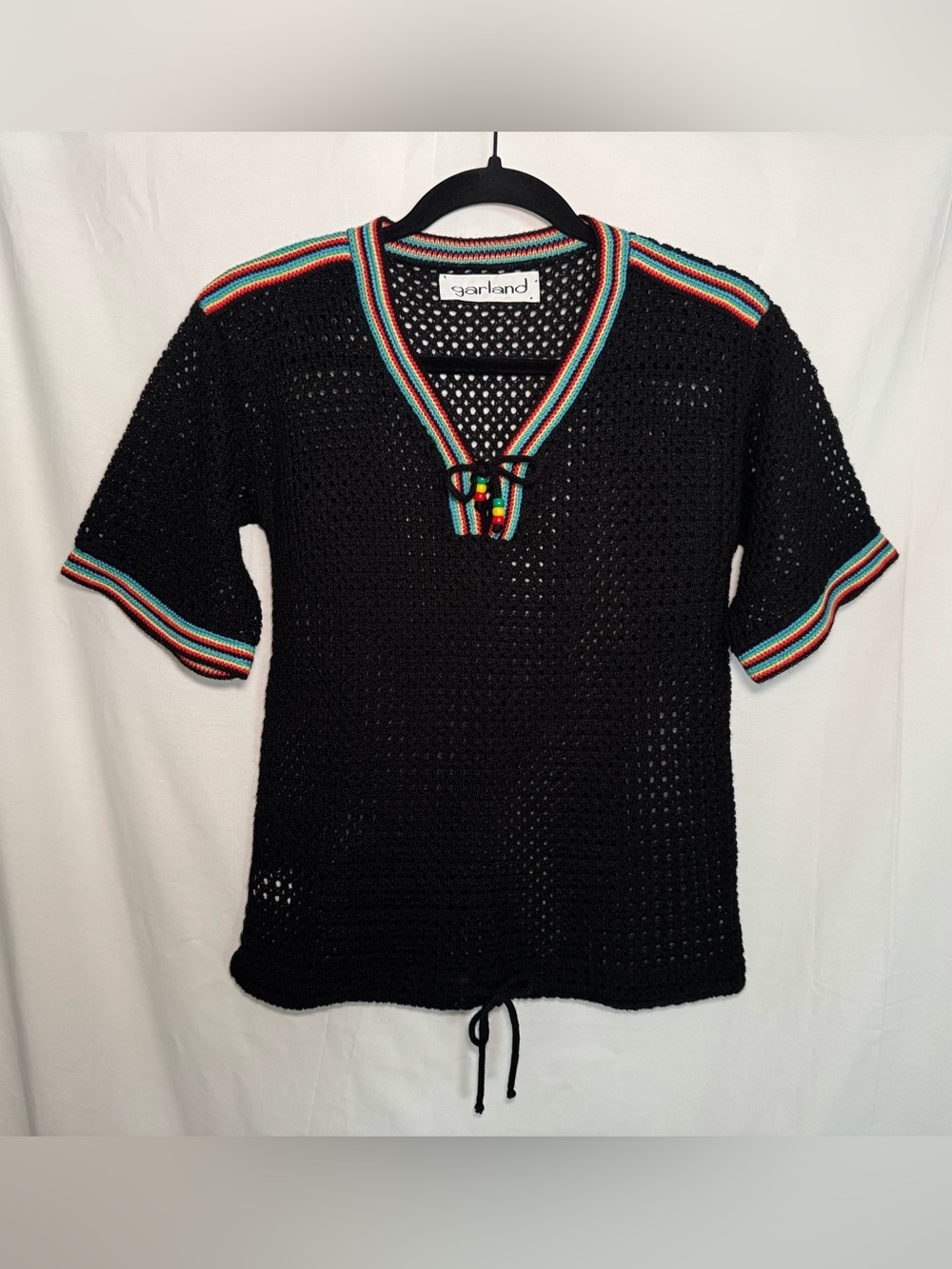 VTG Garland Black Crochet Mesh Top Rasta Rainbow Trim Beaded Festival M